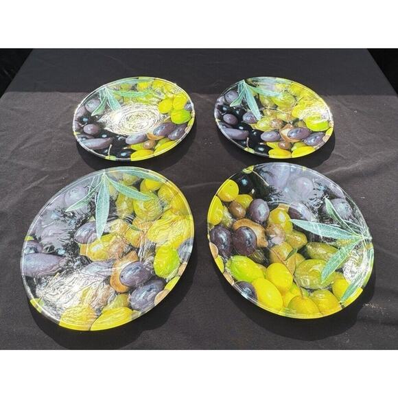 Beautiful Set of 4 Olive 8” Round Photo Bar Martini Wine Plates Unmarked - Picture 2 of 11